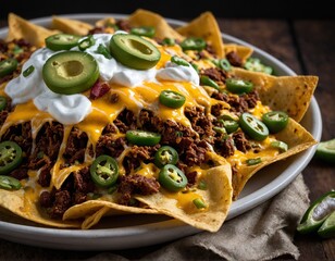 Wall Mural - A platter of loaded chili cheese nachos topped with melted cheddar cheese, jalapenos, sour cream, and guacamole.
