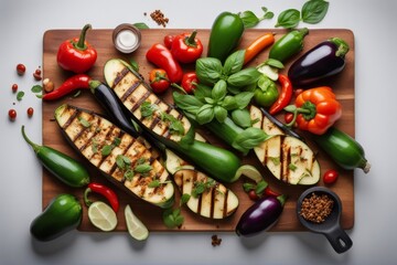 Wall Mural - 'grilled colorful vegetables aubergines zucchini pepper spice green basil serving board white background top view vegetable food grill bar-b-q courgette roasted healthy aubergine tomatoes salad'