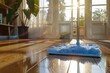 A clean wooden floor with a mop. Ideal for cleaning product advertisements