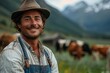 Cheerful farmer with a toothy smile, cattle, and mountain scenery in the background