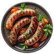Plate with delicious grilled sausages. AI generative.