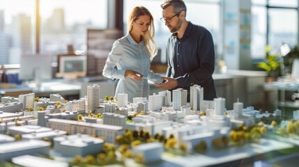 Young Man and woman discussing new city layout model in Bureau of Architecture. business complex scale model on table. real estate developer architect and businessman working on new project in office