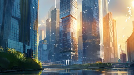 Aufkleber - Sunlight dances off the glass facade of a towering riverside skyscraper, radiating warmth and sophistication across the urban landscape.