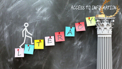 Wall Mural - Literacy leads to Access To Information - a metaphor showing how literacy makes the way to reach desired access to information. Symbolizes the importance of literacy. ,3d illustration