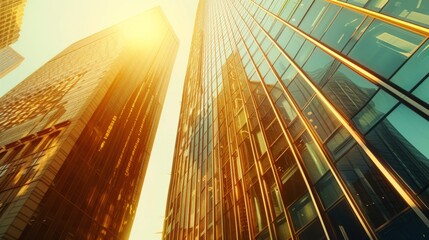 Aufkleber - Sunlight dances off the glass facade of a towering riverside skyscraper, radiating warmth and sophistication across the urban landscape.