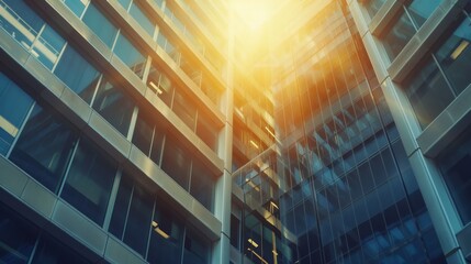 Aufkleber - Sunlight streaming through the windows of a towering office building, illuminating the interior