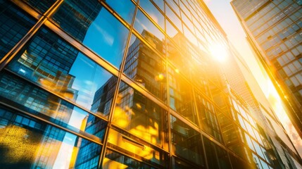 Aufkleber - Sunlight streaming through the windows of a towering office building, illuminating the interior
