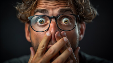Wall Mural - A man with glasses is making a funny face and covering his mouth. a Male man age around 30 with glasses looking in awe and shocked at something, with hand over his open mouth in a black background