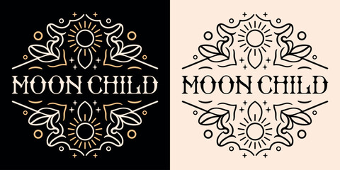 moon child moonchild lettering round badge retro vintage celestial astrology symbols moon stars art 