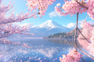 Beautiful scenery of cherry blossoms in full bloom and Mt. Fuji in spring