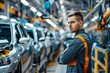 Man in work clothes at car assembly line in factory workshop. Concept Factory Worker, Car Assembly Line, Manufacturing Industry, Workshop Setting, Work Clothes