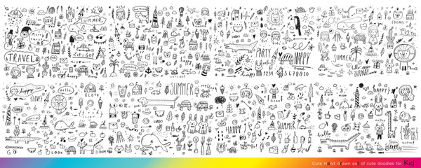 Wall Mural - Vector illustration of Doodle cute for kid, Hand drawn set of cute doodles for decoration,Funny Doodle Hand Drawn, Summer, Doodle set of objects from a child's life,Cute anima