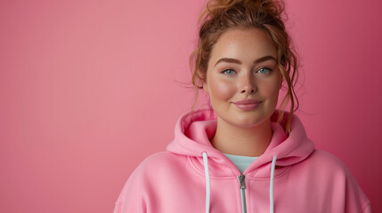 Full body portrait of plus size model woman wearing sport hoody on flat pink background, copy space.