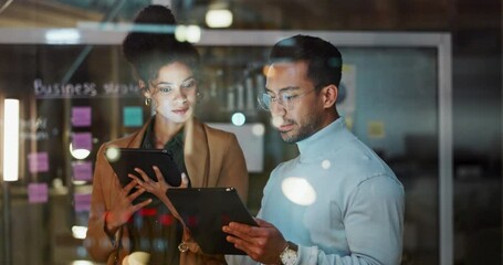 Canvas Print - Tablet, teamwork and glass with business people in office for project management at night together. Diversity, meeting or tech for planning with man and woman employee in workplace to brainstorm