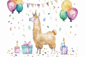 Wall Mural - Colorful Llama Birthday Party Graphic with Watercolor Balloons, Confetti and Alpaca Illustrations