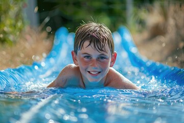 Wall Mural - Fun in the Sun: Teen Boy Enjoying Backyard Slip and Slide on a Summer Day 