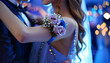 © Oleksiy - Young woman with corsage and her prom date dancing on blue background, closeup