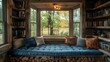 Charming country house reading nook with window seat bookshelves and cushions. Concept Country House Style, Reading Nook, Window Seat, Bookshelves, Cushions