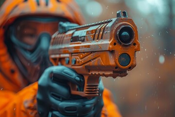 Wall Mural - An individual in an orange hazmat suit points a weapon forward, implying action and intensity