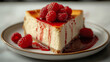 Gourmet Cheesecake Slice with Raspberry Topping and Coulis on Ceramic Plate