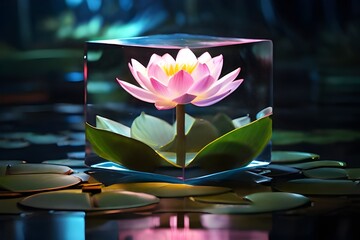 Stunning macro shot of a lotus flower placed inside a cube, emerging from dark water with delicate ripples and soft natural light refractions