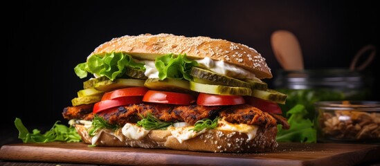 Poster - Close up view of a sandwich featuring lettuce, tomatoes, and pickles