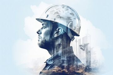 Wall Mural - Generative AI picture Portrait of construction worker wearing a protective safety uniform clothes helmet at big building
