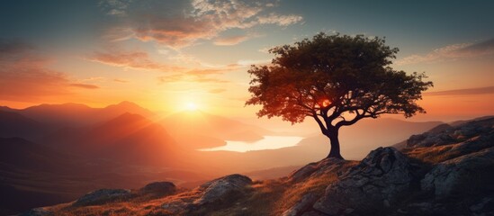 Poster - Sunset over solitary mountain tree