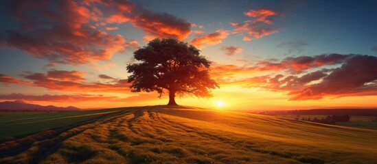 Canvas Print - Solitary tree atop hill at sunset