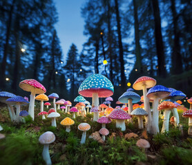 colorful mushroom field at night, fantasy, glowing, magical, cinematic, playful