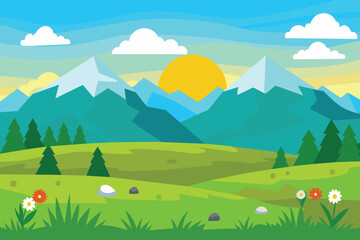 Wall Mural - Cartoon flat panorama of spring summer beautiful nature, green grasslands meadow with mountains on horizon background, summer mountain landscape, dawn over the valley