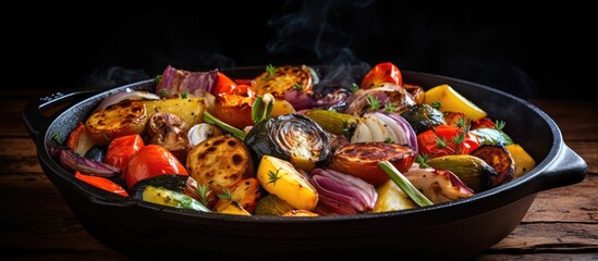 Poster - Close up of cooked dish with assorted vegetables and meat