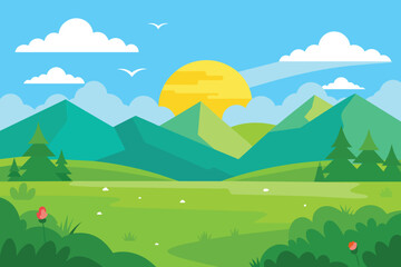 Wall Mural - Cartoon flat panorama of spring summer beautiful nature, green grasslands meadow with mountains on horizon background, summer mountain landscape, dawn over the valley