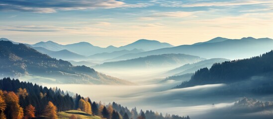 Poster - Mountains covered with mist and distant trees