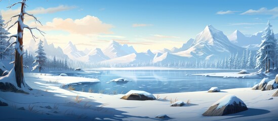 Aufkleber - Snowy mountain lake with trees
