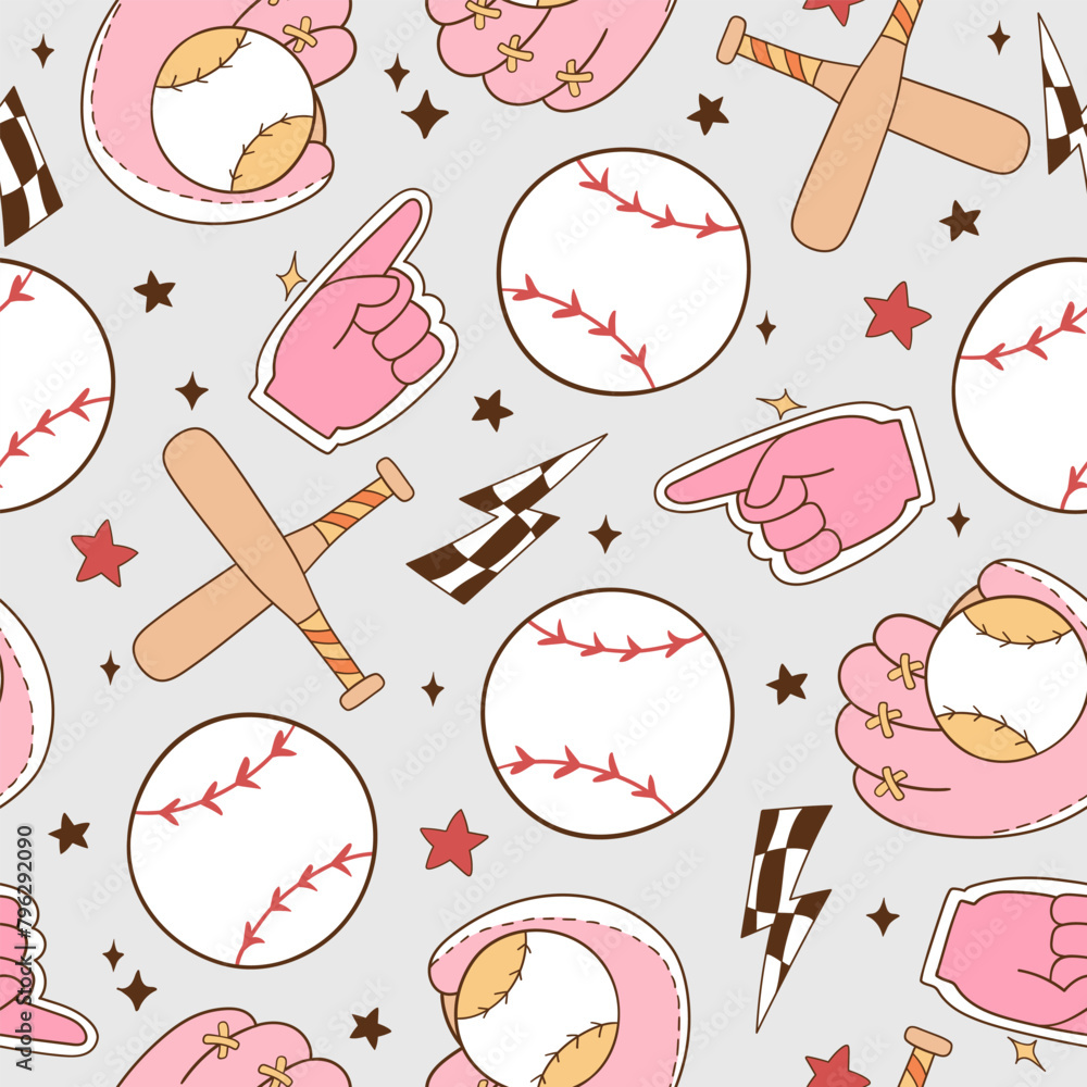 Pink Baseball Pattern Draw seamless pattern pink girly baseball Trendy soft girl Girlie sport ...