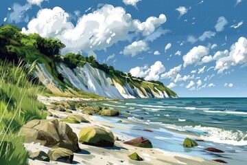Wall Mural - A serene painting of a beach with rocks and grass, perfect for nature lovers and travel websites