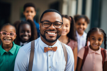 Sticker - Generative AI photo of confident handsome professional man teacher in classroom