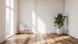 © Катерина Нагірна - Bright minimalist room with wooden floor, chair, and potted plant by the window. Generative AI