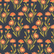 Bright seamless pattern with orange dandelion wildflowers on dark background. Square composition for textile wrapping design