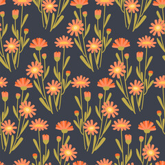 Bright seamless pattern with orange dandelion wildflowers on dark background. Square composition for textile wrapping design