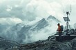 A man standing on top of a rocky mountain peak, perfect for outdoor and adventure concepts