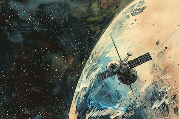 Wall Mural - a painting of a space station with a distant planet, suitable for sci-fi themes