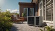A concept illustration of an air conditioner next to a model of a house to help cool the air on a hot summer's day