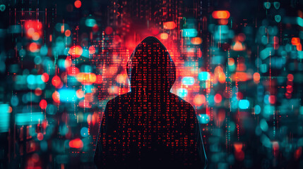Abstract, code and night with hacker person reading programming language for phishing. Cybersecurity, information technology and ransomware with cloud computing silhouette in matrix for innovation
