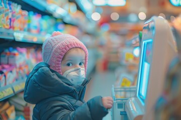 Canvas Print - A small child wearing a face mask in a store. Suitable for health and safety concepts