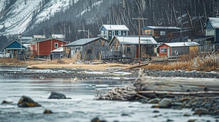 Canvas Print - A group of houses by a tranquil body of water, ideal for real estate or travel concepts