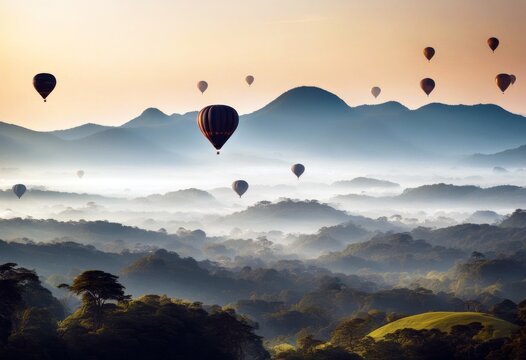 'view beautiful hot morning mountain balloons air thailand balloon siam colourful nature travel sunrise sky background landscape sunset fly ballooning'
