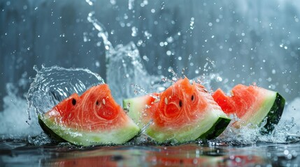 Wall Mural - Fresh pieces of water melon falling in water with splash