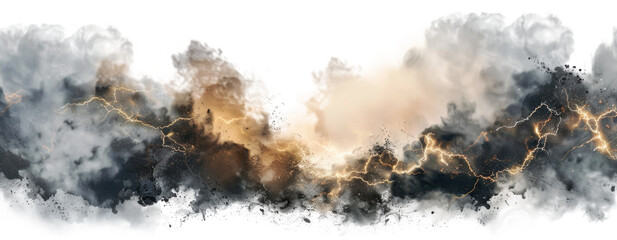 Wall Mural - Black smoke stormy clouds with lightnings isolated on transparent background.